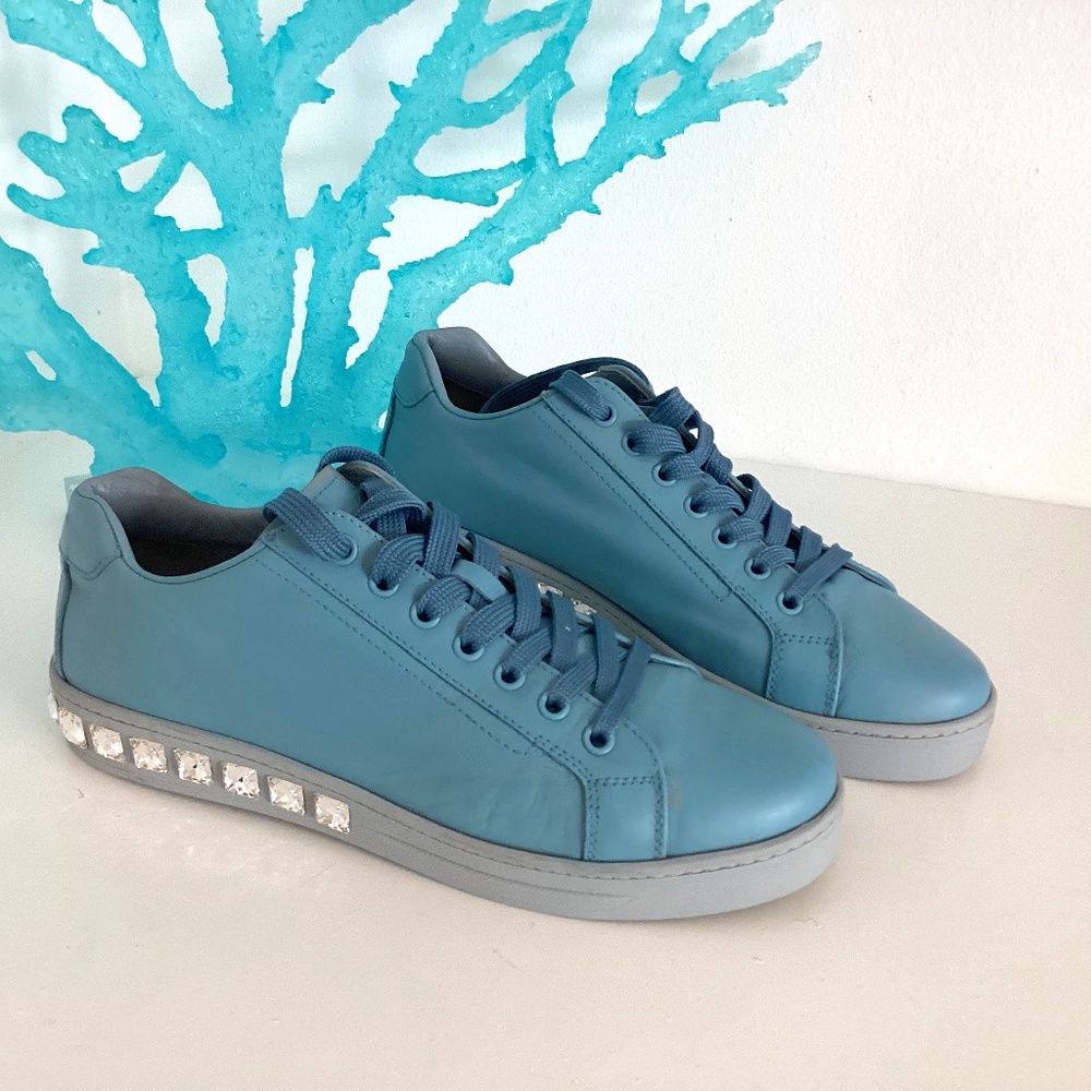 REDUCED PRADA CRYSTAL HEEL EMBELLISHED BLUE LEATHER SNEAKERS SHOES 38 US 8